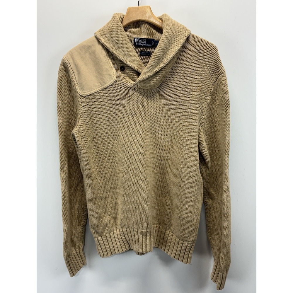 Vtg Polo Ralph Lauren Shawl Collar Sweater Mens L Tan Chunky Linen Blend Patch